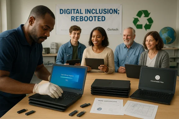 Diverse group at a digital inclusion workshop while a technician updates laptops. Diverse group at a digital inclusion workshop while a technician updates laptops.