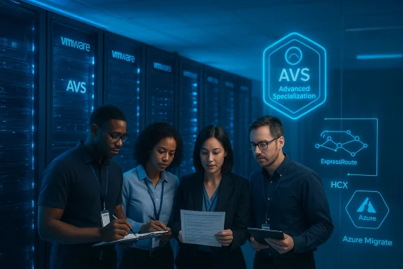 IT team reviews documents in a blue-lit data center beside VMware servers. IT team reviews documents in a blue-lit data center beside VMware servers.
