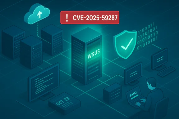 Illustration of WSUS patching a CVE-2025-59287 vulnerability in a cloud network. Illustration of WSUS patching a CVE-2025-59287 vulnerability in a cloud network.