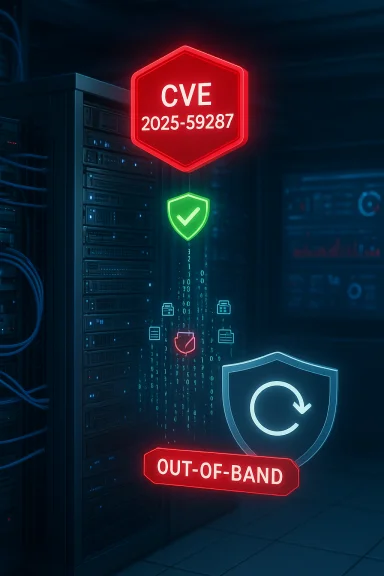 Server rack with neon security icons: CVE alert, green check shield, and out-of-band warning. Server rack with neon security icons: CVE alert, green check shield, and out-of-band warning.