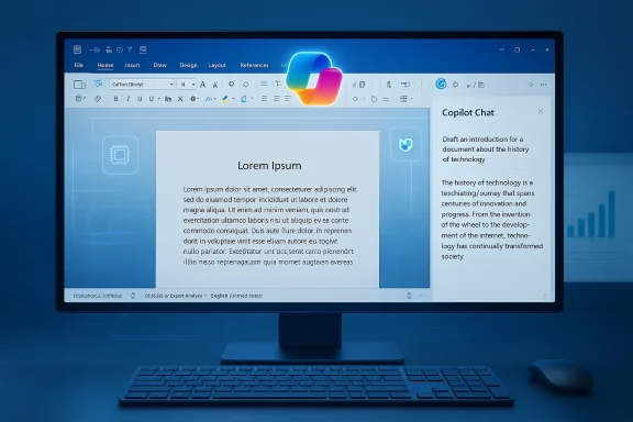 A desktop monitor shows a document editor with Lorem Ipsum text and a Copilot Chat panel. A desktop monitor shows a document editor with Lorem Ipsum text and a Copilot Chat panel.