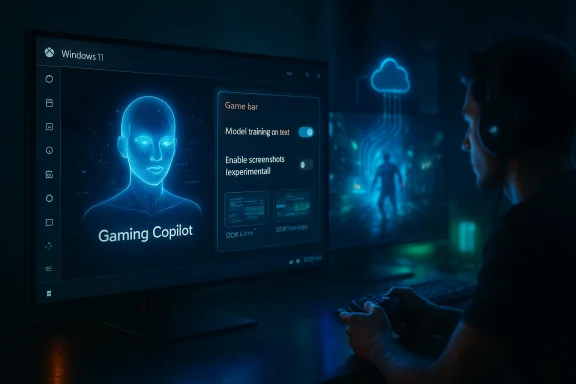 Gamer using Windows 11 Gaming Copilot on a monitor with a blue holographic avatar. Gamer using Windows 11 Gaming Copilot on a monitor with a blue holographic avatar.