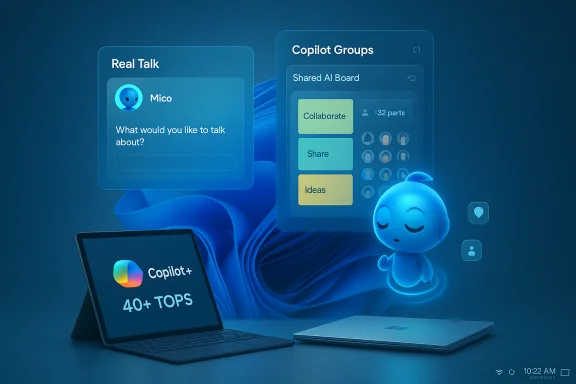 Blue holographic UI panels hover beside a calm blue Copilot+ avatar with a laptop. Blue holographic UI panels hover beside a calm blue Copilot+ avatar with a laptop.