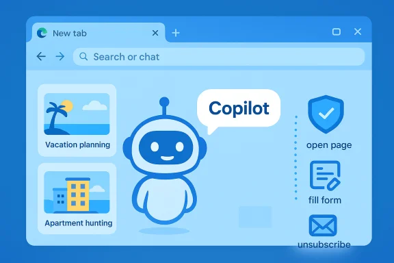 Blue browser UI with Copilot chatbot and tiles for vacation planning and apartment hunting.