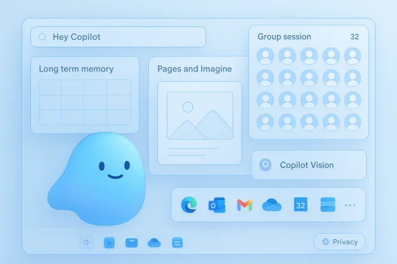 Soft blue Copilot UI mockup with a friendly blob mascot and panels for memory, pages, and group sessions. Soft blue Copilot UI mockup with a friendly blob mascot and panels for memory, pages, and group sessions.
