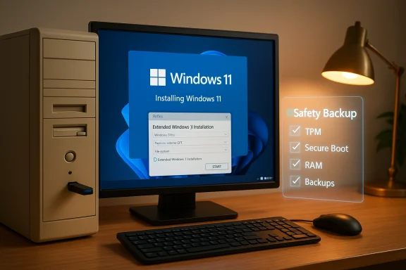 Windows 11 install on an old desktop with a safety backup checklist panel. Windows 11 install on an old desktop with a safety backup checklist panel.