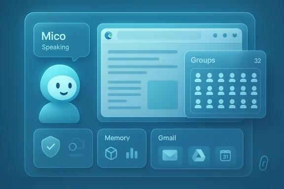 Blue UI concept featuring a user avatar, Mico Speaking bubble, and a groups panel.