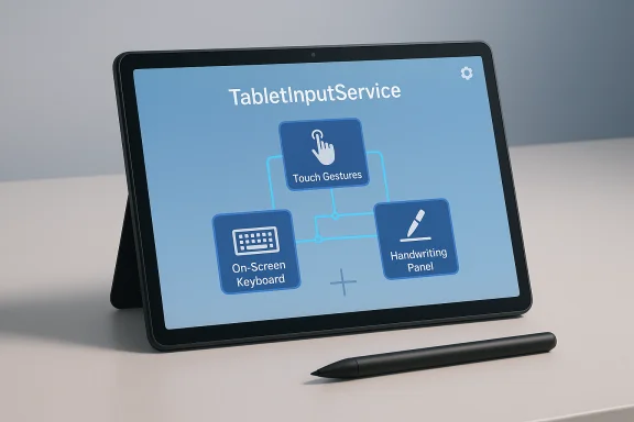 Tablet screen displays TabletInputService: touch gestures, on-screen keyboard, and handwriting panel. Tablet screen displays TabletInputService: touch gestures, on-screen keyboard, and handwriting panel.