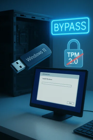 Windows 11 USB installer, monitor showing install screen; neon BYPASS sign and a TPM 2.0 lock crossed out. Windows 11 USB installer, monitor showing install screen; neon BYPASS sign and a TPM 2.0 lock crossed out.