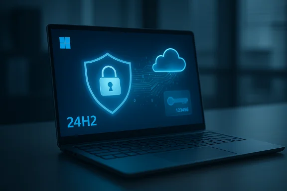 Laptop screen showing neon cybersecurity icons — shield with a lock, cloud, and circuit lines.