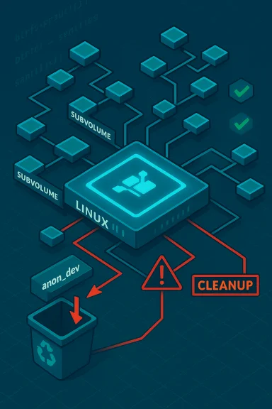 A Linux system diagram showing subvolumes and the cleanup of an anonymous device.