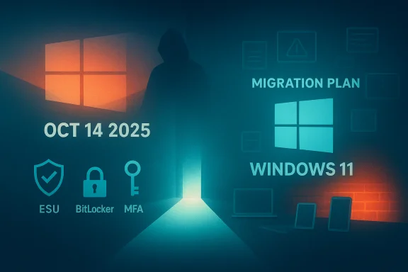 Hooded silhouette amid Windows logos promotes the Oct 14, 2025 Windows 11 migration plan and security features. Hooded silhouette amid Windows logos promotes the Oct 14, 2025 Windows 11 migration plan and security features.
