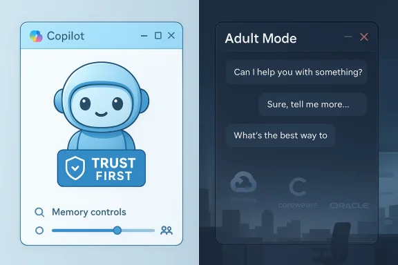 Split-screen UI: left shows Copilot’s friendly blue mascot with “Trust First”; right shows an “Adult Mode” chat window. Split-screen UI: left shows Copilot’s friendly blue mascot with “Trust First”; right shows an “Adult Mode” chat window.