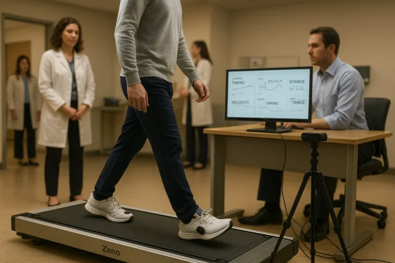 Person walks on a treadmill as a researcher monitors gait data on a computer screen. Person walks on a treadmill as a researcher monitors gait data on a computer screen.