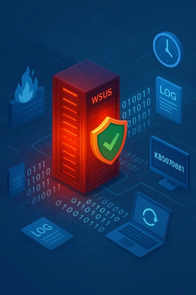 A WSUS server guarded by a shield amid logs, binary data, and monitoring icons. A WSUS server guarded by a shield amid logs, binary data, and monitoring icons.