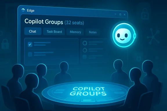 A futuristic virtual meeting with a Copilot Groups dashboard, glowing mascot, and round-table attendees. A futuristic virtual meeting with a Copilot Groups dashboard, glowing mascot, and round-table attendees.