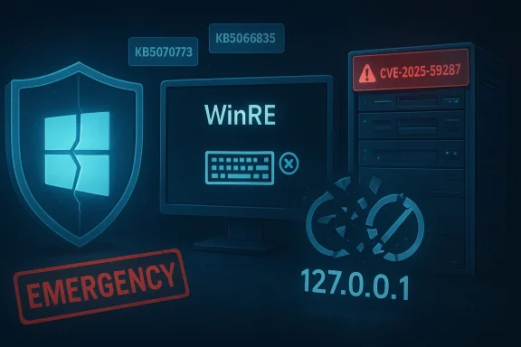 Emergency cybersecurity: cracked shield, WinRE screen, and server with CVE-2025-59287. Emergency cybersecurity: cracked shield, WinRE screen, and server with CVE-2025-59287.