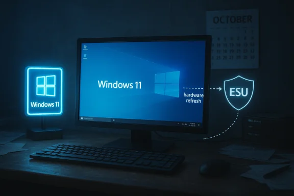 A Windows 11 desktop with a neon Windows sign and an ESU shield for hardware refresh. A Windows 11 desktop with a neon Windows sign and an ESU shield for hardware refresh.