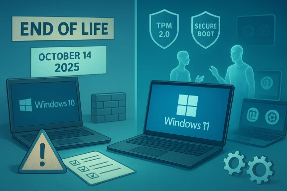 Windows 10 reaches end of life on Oct 14, 2025; Windows 11 with TPM 2.0 and Secure Boot takes over. Windows 10 reaches end of life on Oct 14, 2025; Windows 11 with TPM 2.0 and Secure Boot takes over.