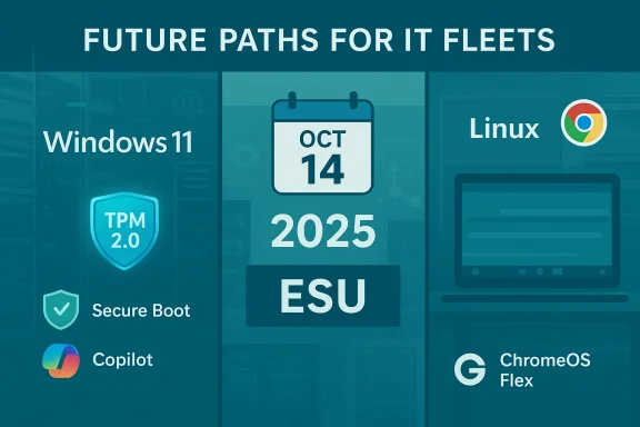 Infographic of future IT fleets: Windows 11, Linux, ChromeOS, ESU (2025). Infographic of future IT fleets: Windows 11, Linux, ChromeOS, ESU (2025).