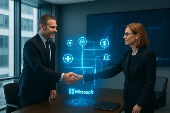 Two professionals shake hands in a modern office as blue holographic Microsoft icons glow.