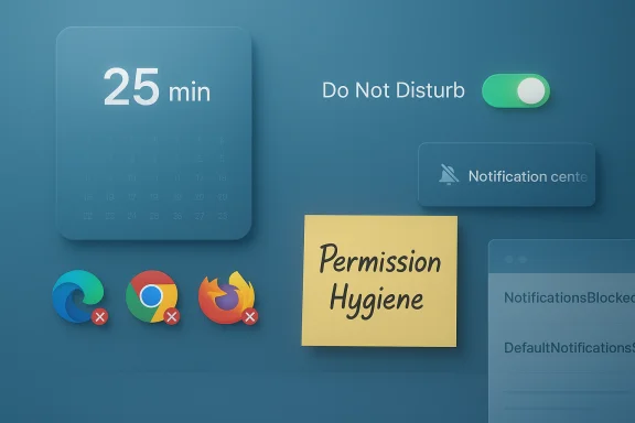Blue UI montage showing a permission hygiene note, DND toggle, calendar, and browser icons with Xs. Blue UI montage showing a permission hygiene note, DND toggle, calendar, and browser icons with Xs.