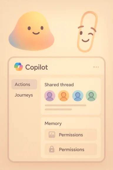 Pastel cartoon scene: a smiling blob and winking paperclip beside a Copilot app dashboard. Pastel cartoon scene: a smiling blob and winking paperclip beside a Copilot app dashboard.