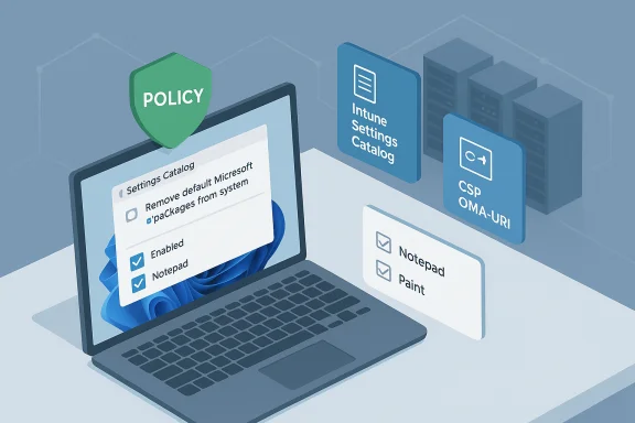Policy shield above a laptop shows Intune Settings Catalog and app options. Policy shield above a laptop shows Intune Settings Catalog and app options.