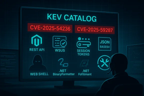 A security analyst reviews the KEV catalog of CVEs and attack vectors on a glowing monitor.
