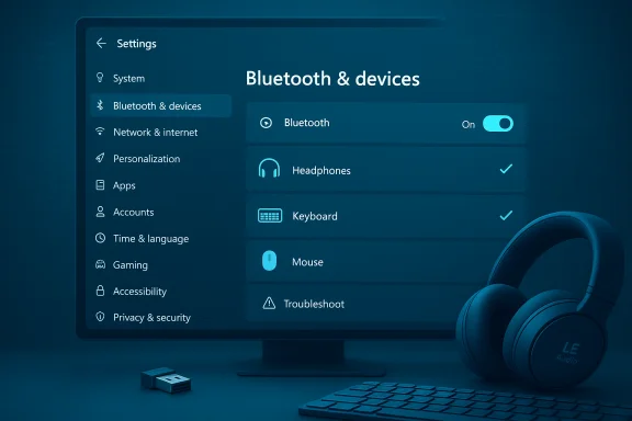 A computer screen shows Bluetooth & devices settings with headphones, keyboard, and mouse options. A computer screen shows Bluetooth & devices settings with headphones, keyboard, and mouse options.