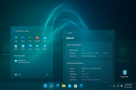 Windows 11 desktop showing Start menu and Settings panel against a teal-blue abstract background.
