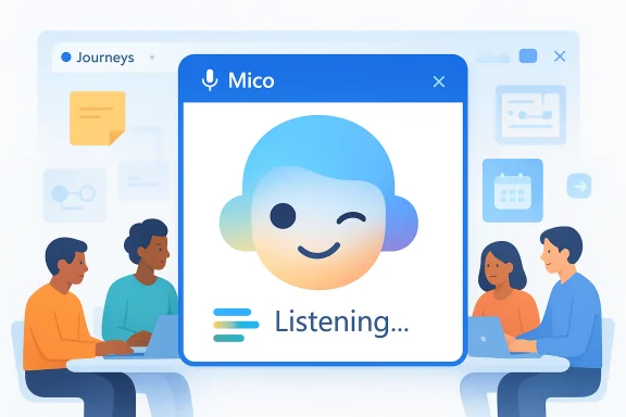 A blue UI window labeled “Mico” with a smiling headset icon, as people work on laptops around it.