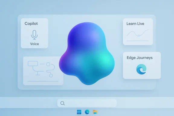 A sleek UI concept with a gradient central blob and panels labeled Copilot Voice, Learn Live, and Edge Journeys. A sleek UI concept with a gradient central blob and panels labeled Copilot Voice, Learn Live, and Edge Journeys.