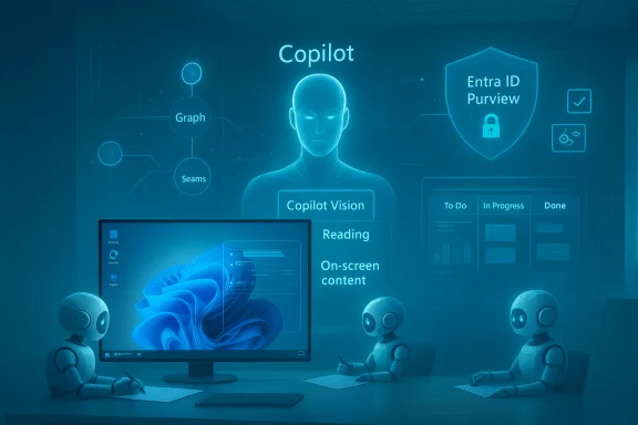 Three robots work at a desk with a holographic Copilot interface. Three robots work at a desk with a holographic Copilot interface.