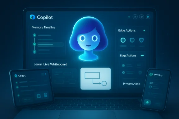 Glowing blue Copilot interface with a central avatar, surrounded by dashboards on screens and devices. Glowing blue Copilot interface with a central avatar, surrounded by dashboards on screens and devices.