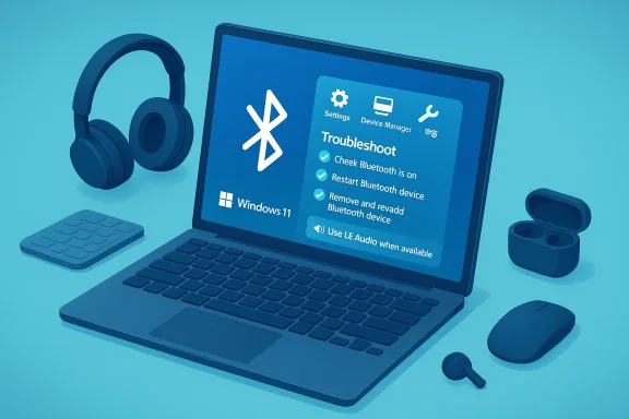 Windows 11 laptop shows a Bluetooth troubleshooting screen, with headphones and wireless accessories nearby. Windows 11 laptop shows a Bluetooth troubleshooting screen, with headphones and wireless accessories nearby.