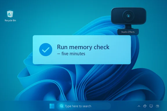 Blue Windows desktop showing a memory-check notification with a webcam overlay.