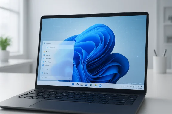 A sleek laptop on a white desk running Windows 11 with a blue abstract wallpaper. A sleek laptop on a white desk running Windows 11 with a blue abstract wallpaper.
