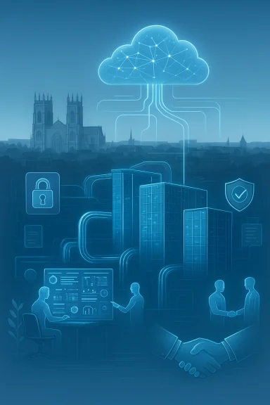 Cloud computing network over a city skyline, with security icons and business collaboration. Cloud computing network over a city skyline, with security icons and business collaboration.