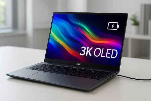 Acer laptop with vibrant 3K OLED display and rainbow wallpaper on a clean desk. Acer laptop with vibrant 3K OLED display and rainbow wallpaper on a clean desk.