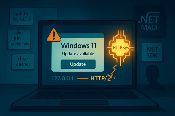 Laptop screen shows a Windows 11 update prompt next to an orange HTTP.sys vulnerability diagram. Laptop screen shows a Windows 11 update prompt next to an orange HTTP.sys vulnerability diagram.