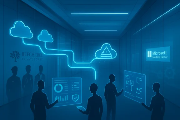 Blue-toned futuristic office featuring cloud icons and holographic dashboards.