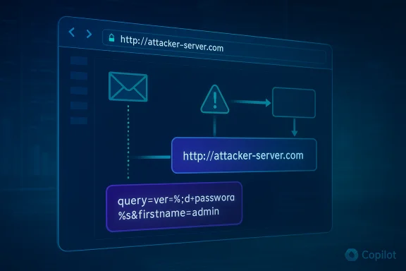 Cyberattack flow diagram showing a request to attacker-server.com with a crafted query payload. Cyberattack flow diagram showing a request to attacker-server.com with a crafted query payload.