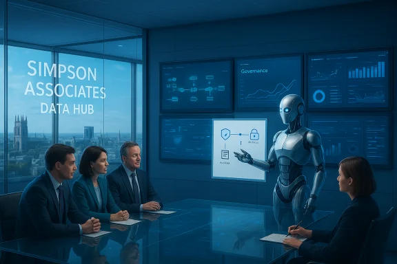 A robotic presenter explains data dashboards to executives in a high-tech data hub boardroom.
