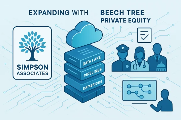 Blue infographic of Beech Tree Private Equity expanding data lake, pipelines, and Databricks, with a professional team.