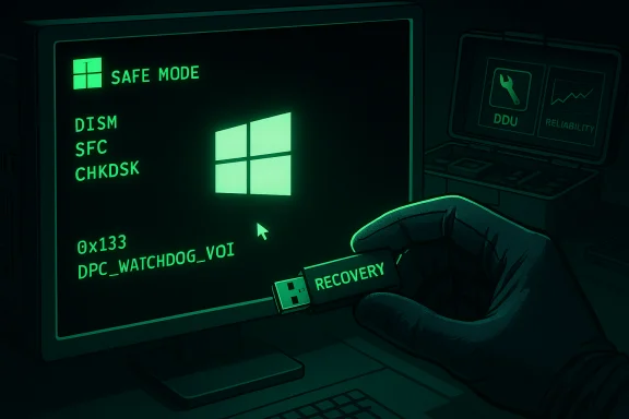 Neon green Windows Safe Mode screen shows DISM, SFC, CHKDSK as a hand inserts a RECOVERY USB.