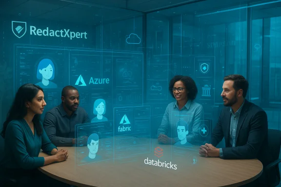 Team of four discussing data tech with holographic dashboards (Azure, Databricks, Fabric, RedactXpert). Team of four discussing data tech with holographic dashboards (Azure, Databricks, Fabric, RedactXpert).