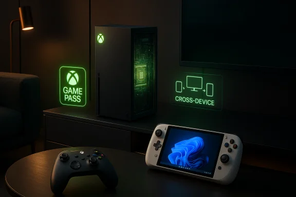 Xbox Series X sits on a table with neon Game Pass and cross-device graphics. Xbox Series X sits on a table with neon Game Pass and cross-device graphics.