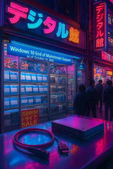 Neon-lit street shop with a Windows 10 End of Mainstream Support banner and retro computer gear. Neon-lit street shop with a Windows 10 End of Mainstream Support banner and retro computer gear.