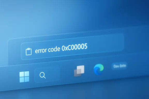 Blue Windows-style UI showing an error message: code 0xC00005. Blue Windows-style UI showing an error message: code 0xC00005.